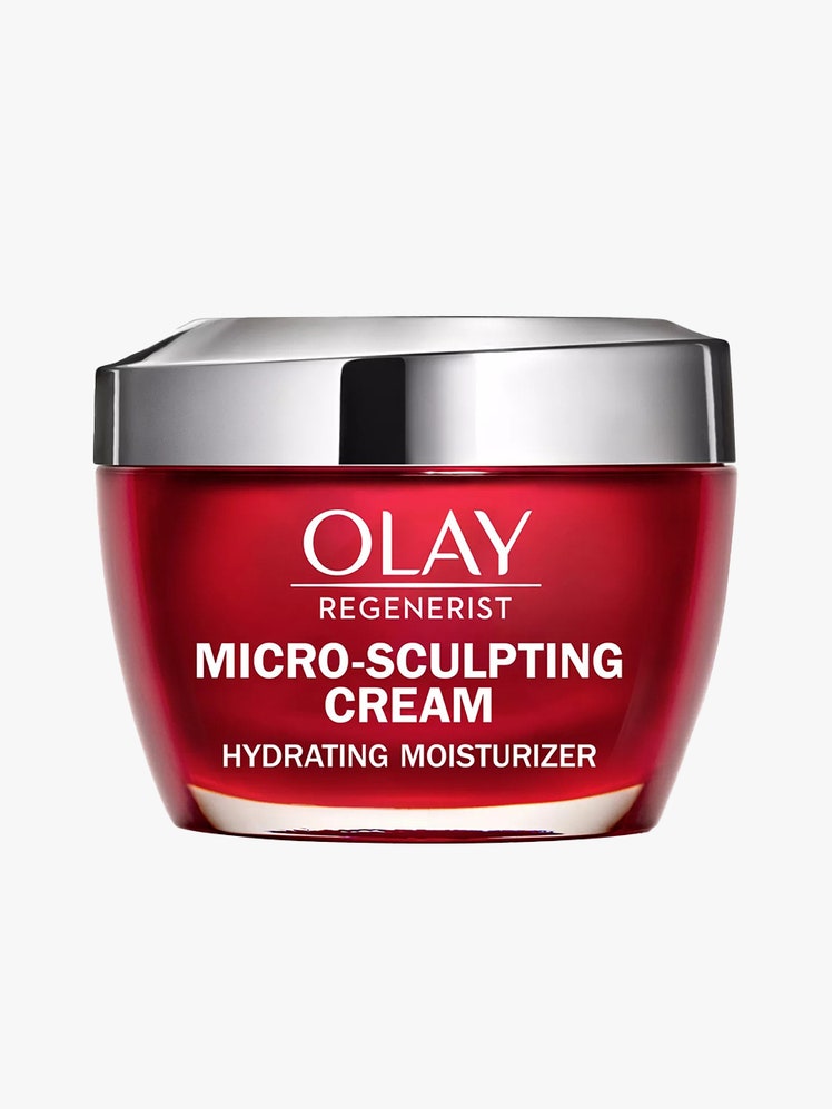 Olay Regenerist MicroSculpting Cream red jar with silver lid on light gray background