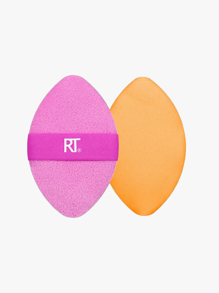 Real Techniques Miracle 2In1 Dual Sided Powder Puff in pink and orange on light grey background