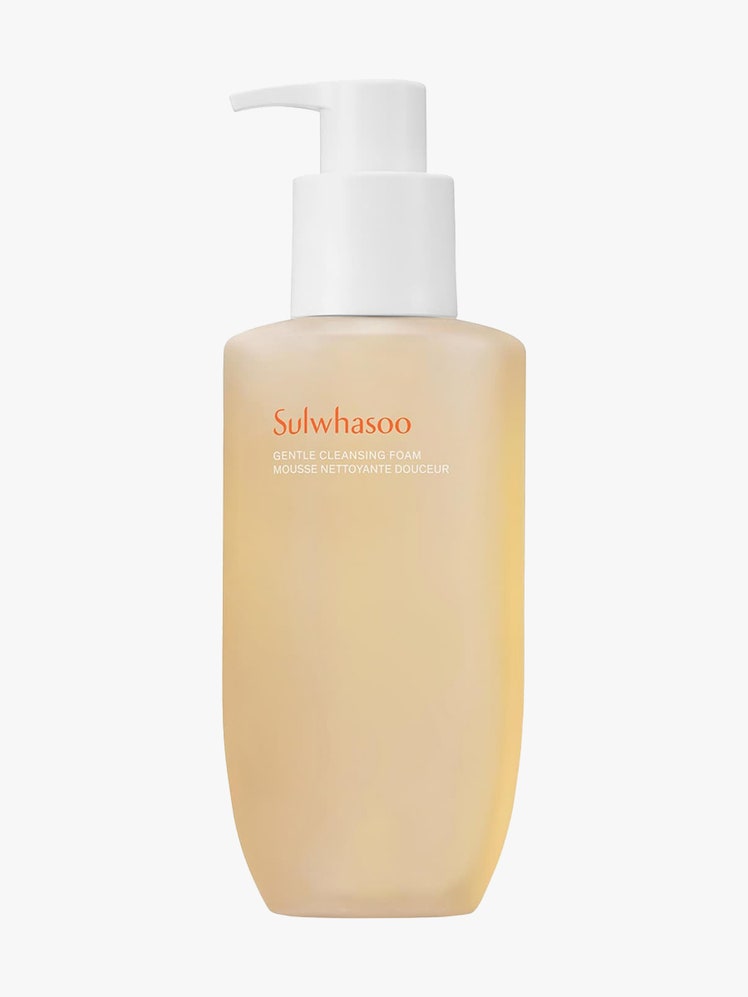 Sulwhasoo Gentle Cleansing Foam bottle bottle of pale yellow cleanser with white pump cap on light gray background