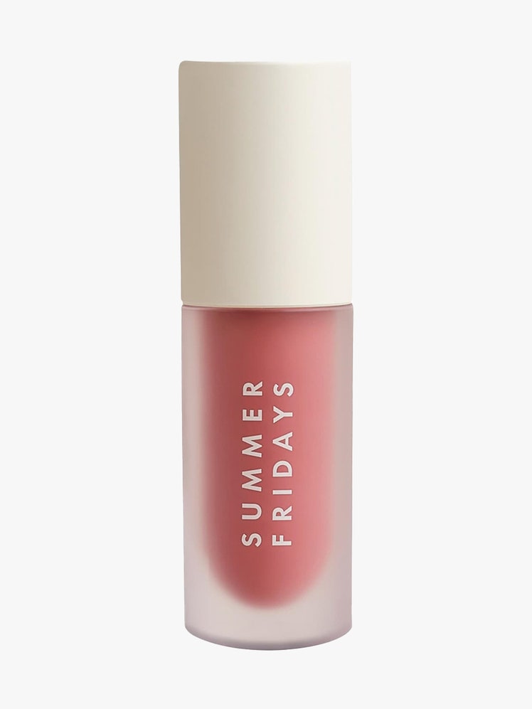 Summer Fridays Dream Lip Oil in Blush Dreams vial of pink lip oil with beige cap on light gray background