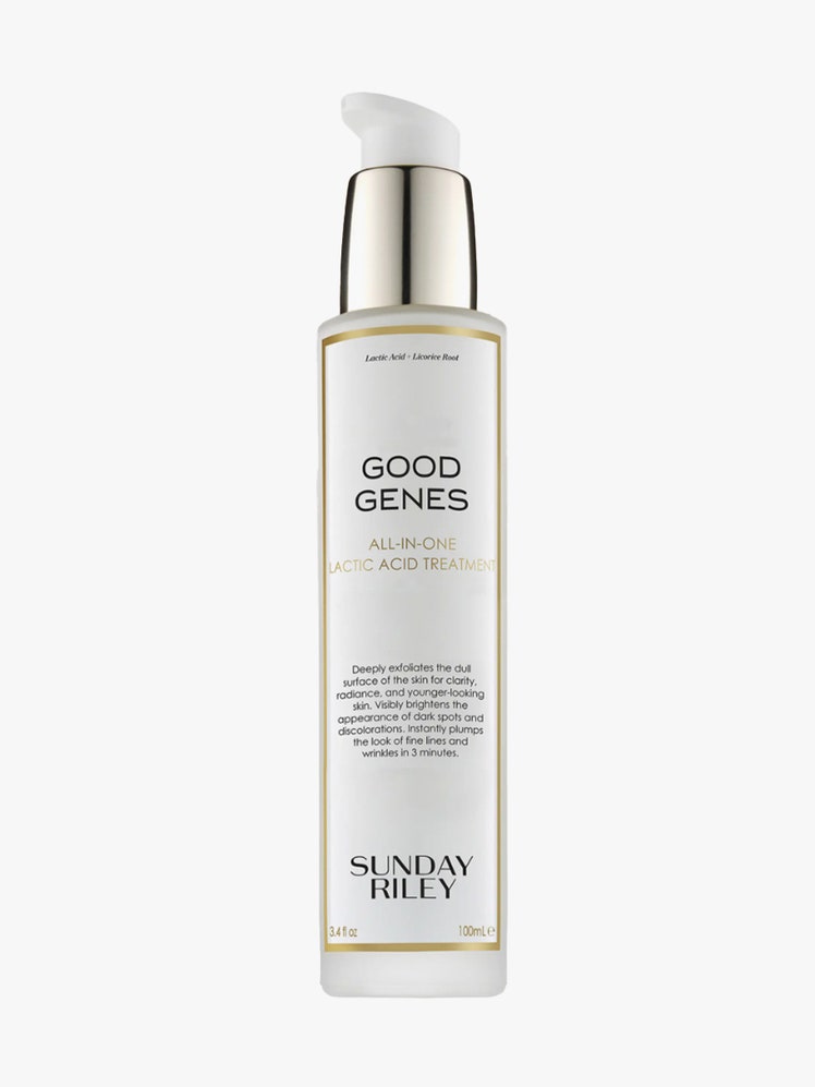 Sunday Riley Jumbo Good Genes Face Treatment tall skinny white bottle on light gray background