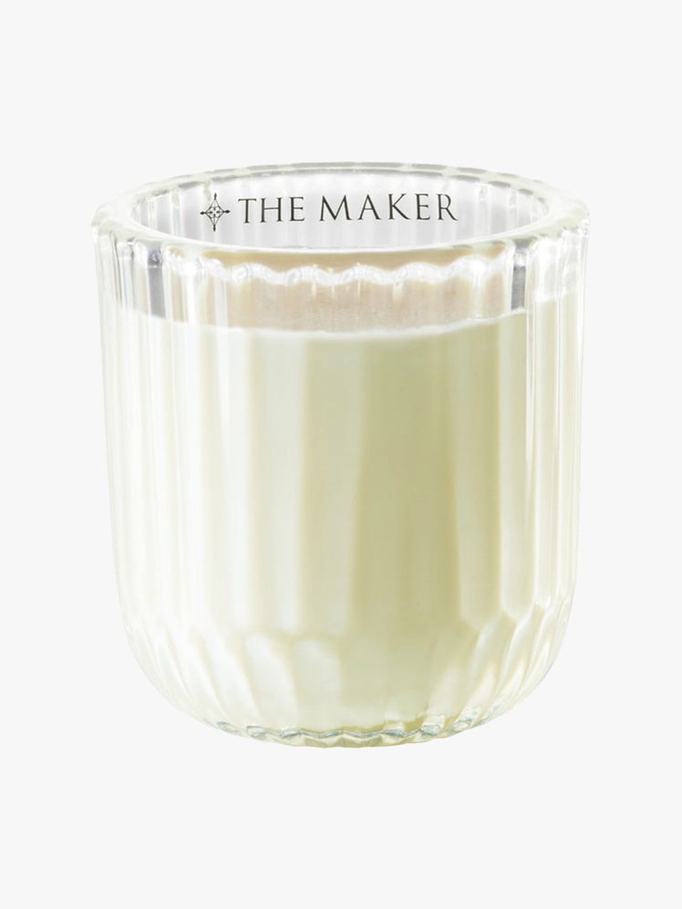 The Maker Gardener Candle ridged clear candle jar on light gray background