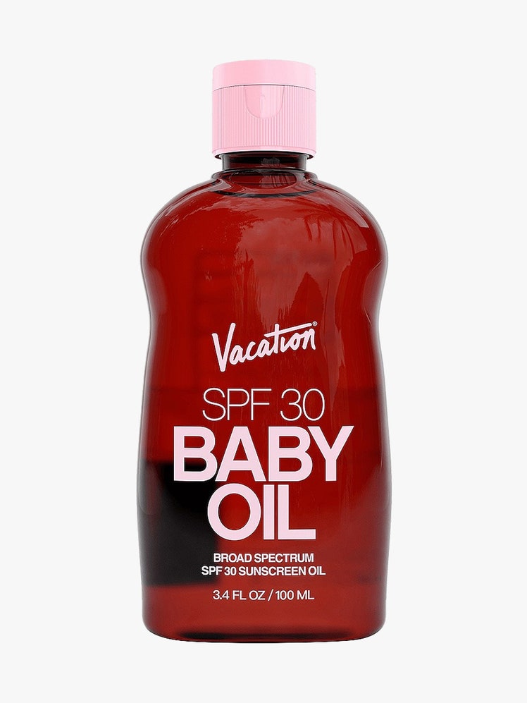 Vacation Baby Oil SPF 30 wavy red bottle with pink cap on light gray background