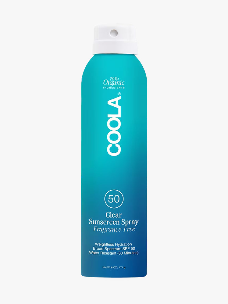 Clear Sunscreen Body Spray SPF 50 in branded aerosol gradient blue can with white pump on light gray background