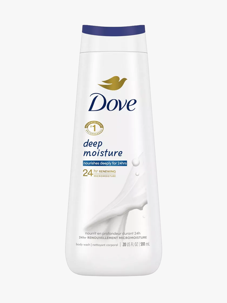 Dove Deep Moisture Body Wash in branded white and blue bottle on light gray background