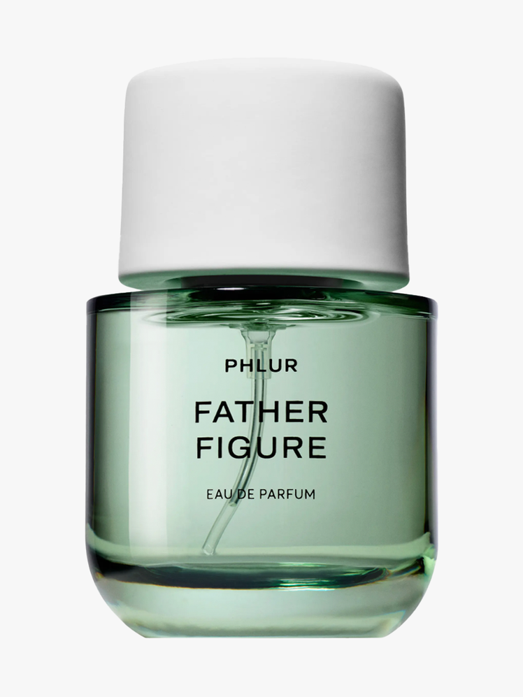 Father Figure Eau de Parfum in clear green bottle with white cap on light gray background