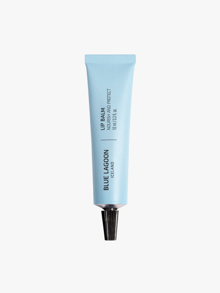 Lip Balm in branded light blue tube with black cap on light gray background