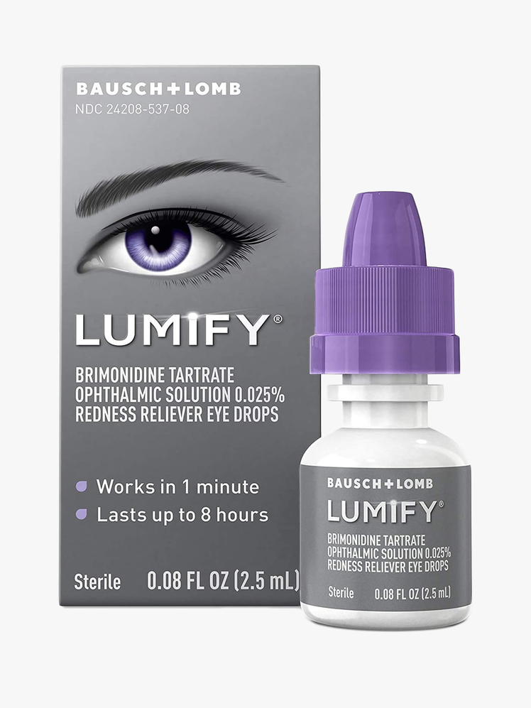 Lumify Redness Reliever Eye Drops in branded white bottle with purple cap next to branded box packaging on light gray...