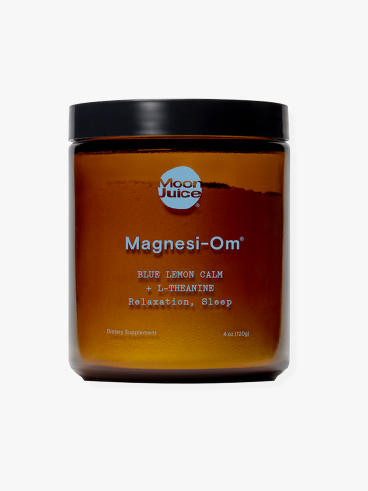 MagnesiOm Blue Lemon Calm supplement in amber glass