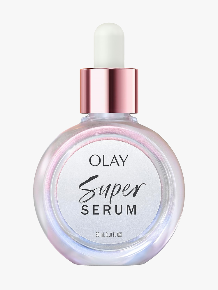 Super Serum in branded iridescent bottle with pink and white pipette on light gray background