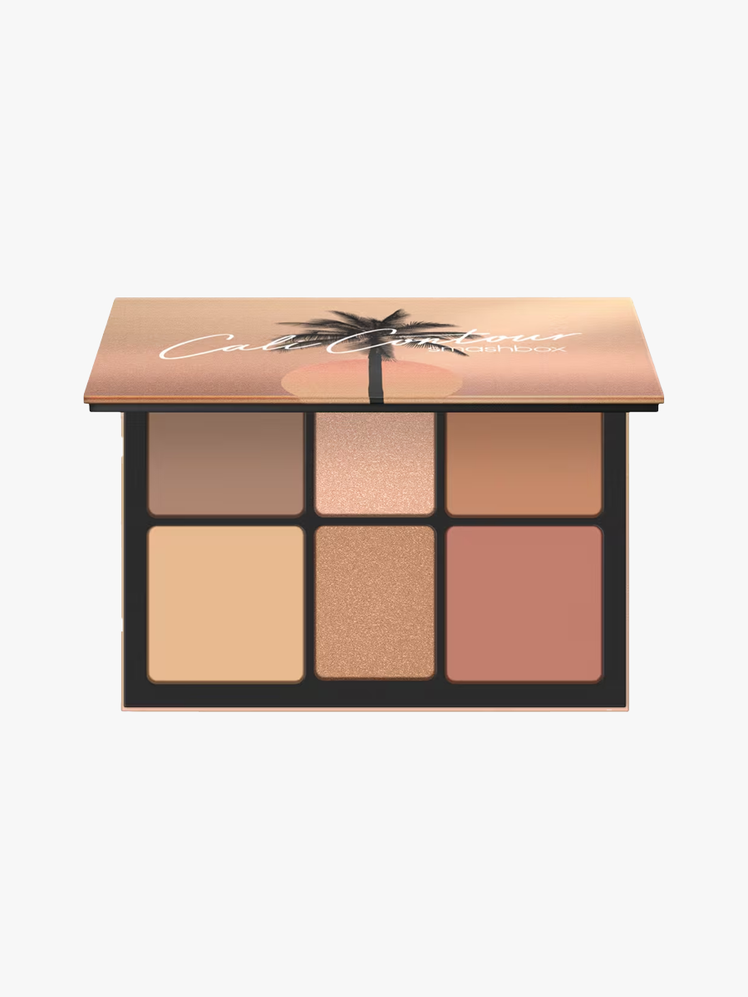 The Cali Contour Face Palette in Light to Medium in branded palette with neutral eyeshadows on light gray background