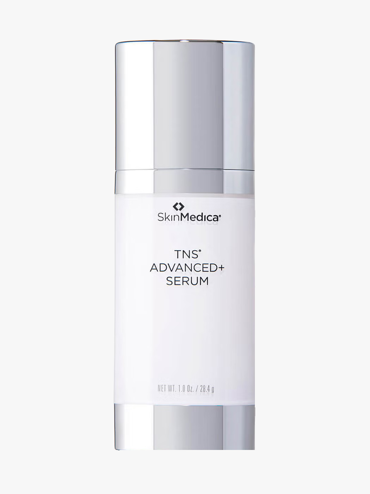 TNS Advanced Serum in branded silver and white bottle packaging on light gray background