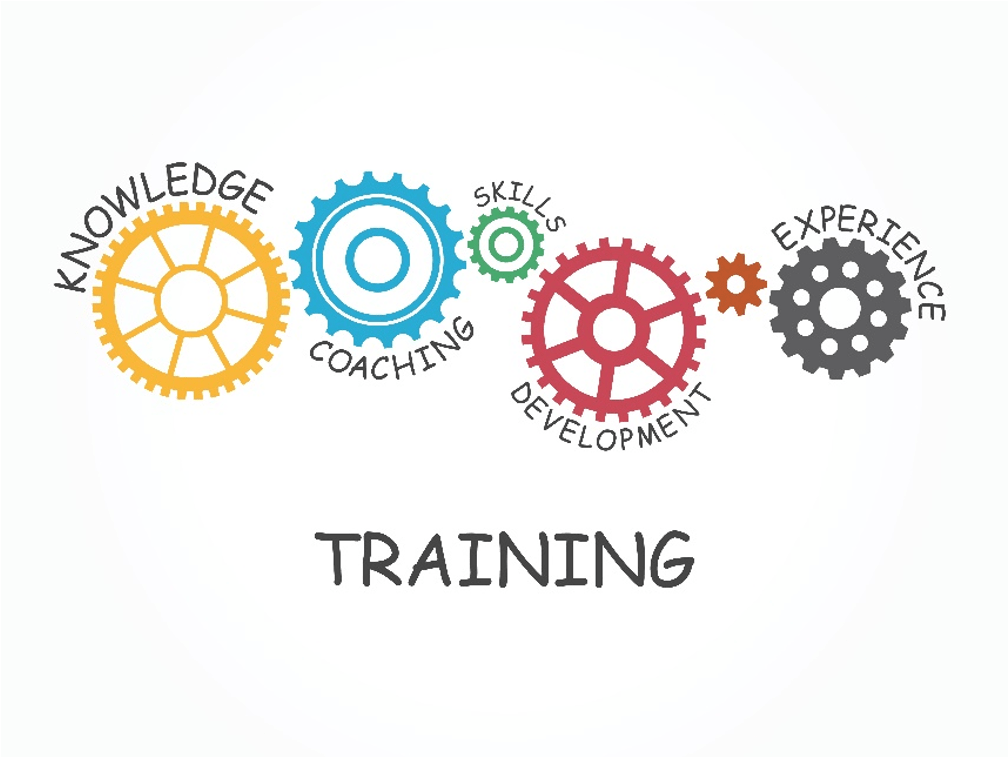 Train of gears Labeled: Training. Gears from left to right are labeled: Knowledge, coaching, skills, developement, and experience.
